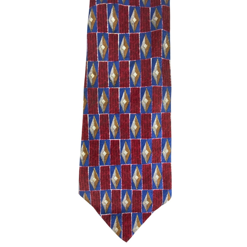 Stafford Mens Tie 58.5x4 Red Blue Gold Geometric Diamond Silk Italian 58.5x4